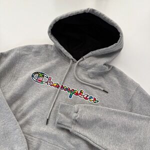 CHAMPION World Flags Logo Fleece Pullover Hoodie Sweatshirt Mens Medium Gray